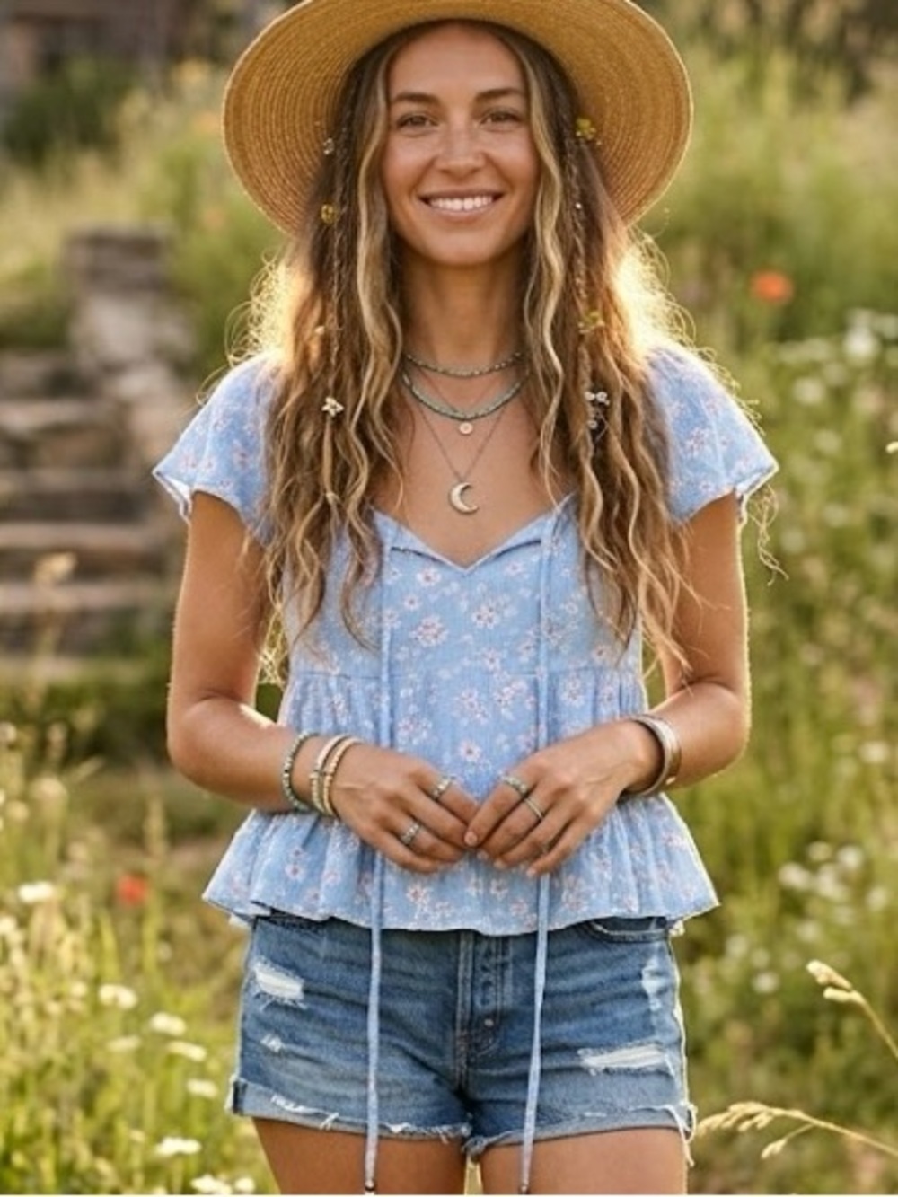 Hippie Rose Baby Blue Floral Tiered Peplum Crop Top Boho Cottagecore Feminine